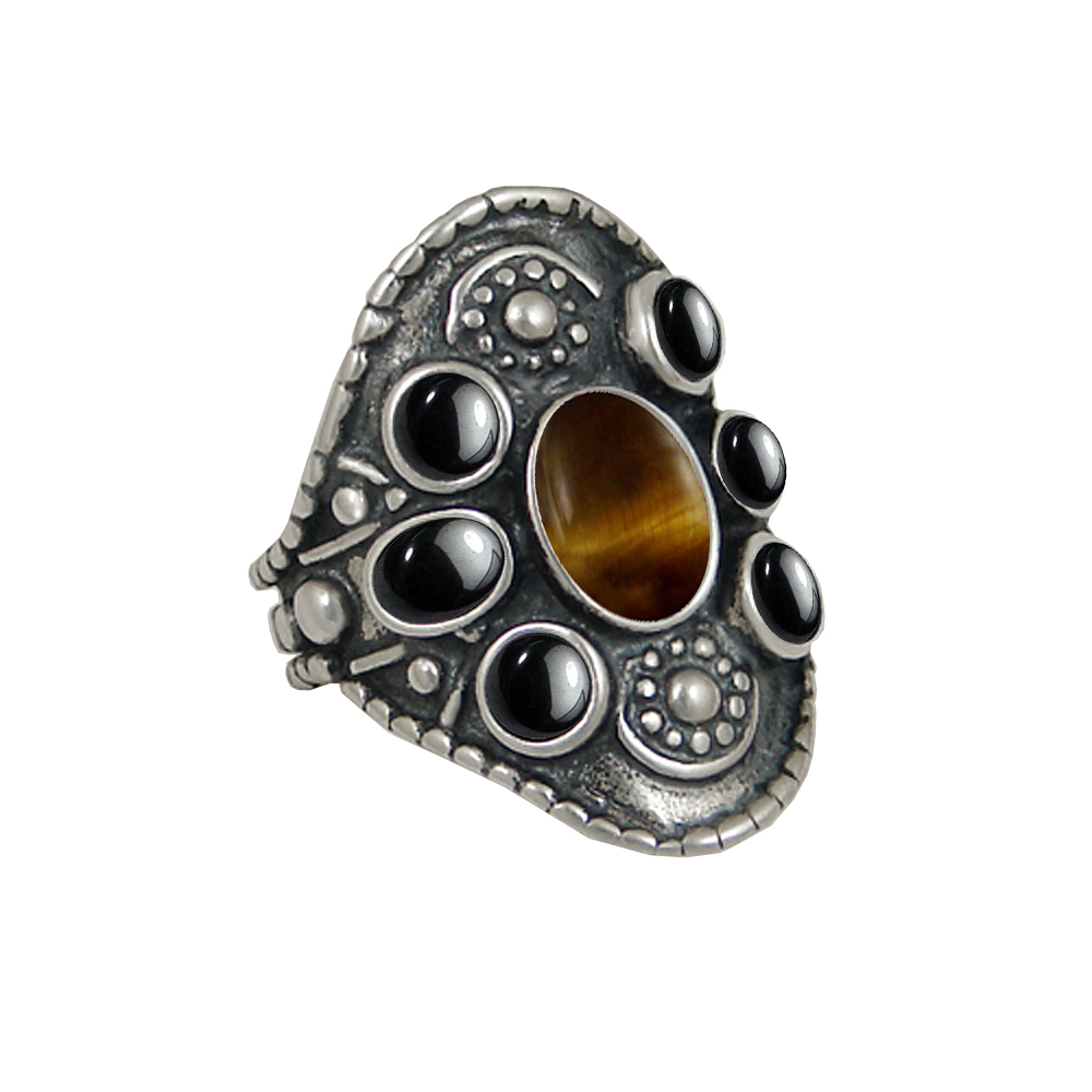 Sterling Silver High Queen's Ring With Tiger Eye And Hematite Size 10